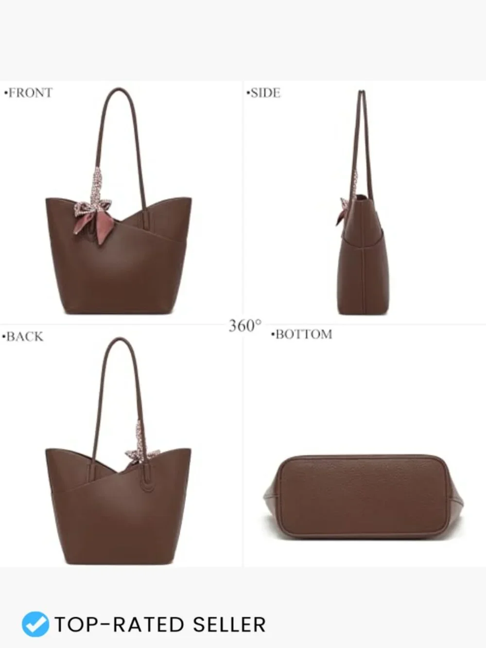 Faux Leather Structured Tote Bag w/ Zipper Clutch, 2-in-1 Work Travel Shoulder